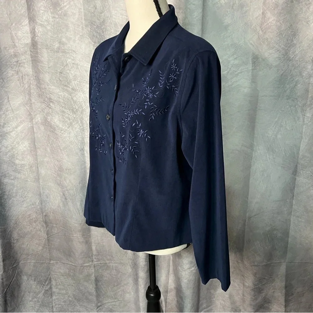 Erika Dresses Navy Open Slit Back Floral Embroidered Long Sleeve Jacket - Large